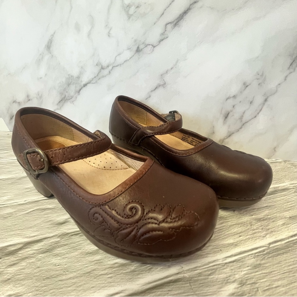 Dansko Savanna Flower Embossed Brown Leather Mary Jane Clog Shoe